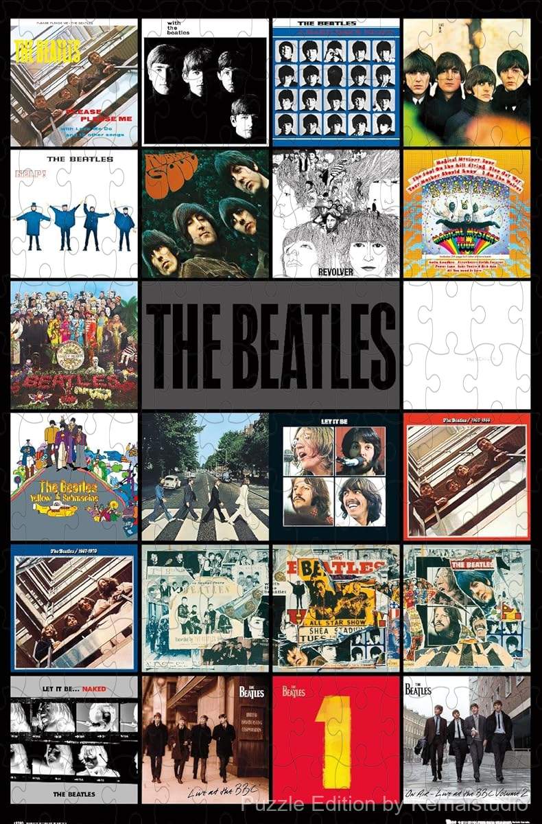 A collage of The Beatles' iconic album covers, perfect for music lovers and wall art fans