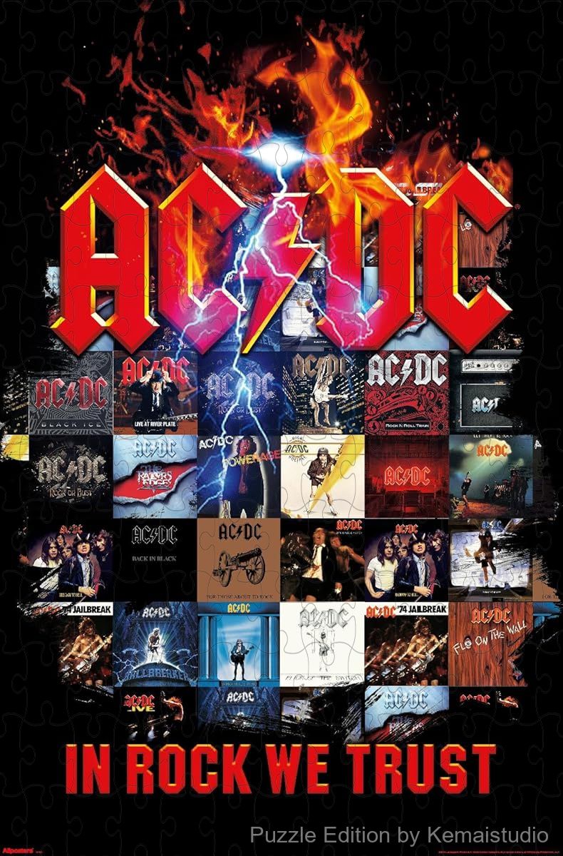 A high-energy collage puzzle celebrating AC/DC's rock legacy,perfect for longtime fans