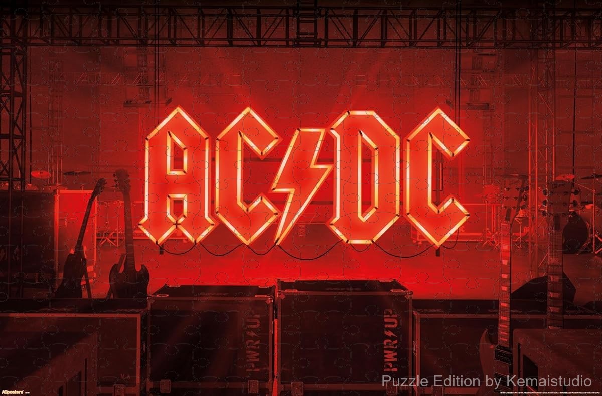 A glowing neon-style puzzle featuring the AC/DC Power Up logo, ideal for music fans and wall art lovers
