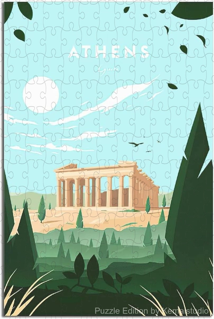 Classic Athens city puzzle with vintage travel poster of Acropolis