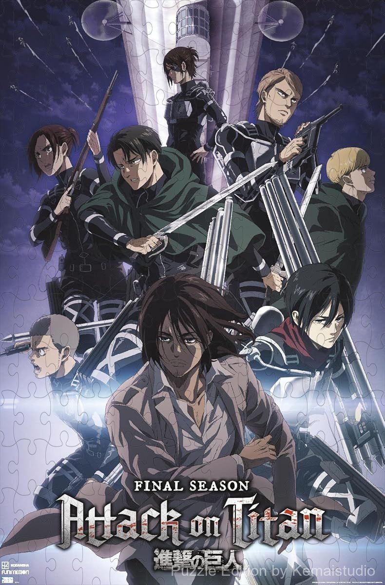 Wooden puzzle featuring the key visual from Attack on Titan: Season 4, capturing the epic battle scenes