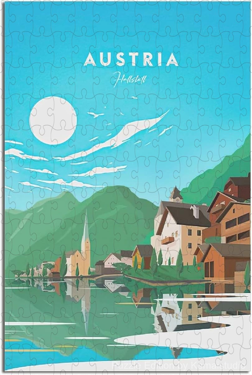Austrian landscape puzzle with mountains and villages in vintage style