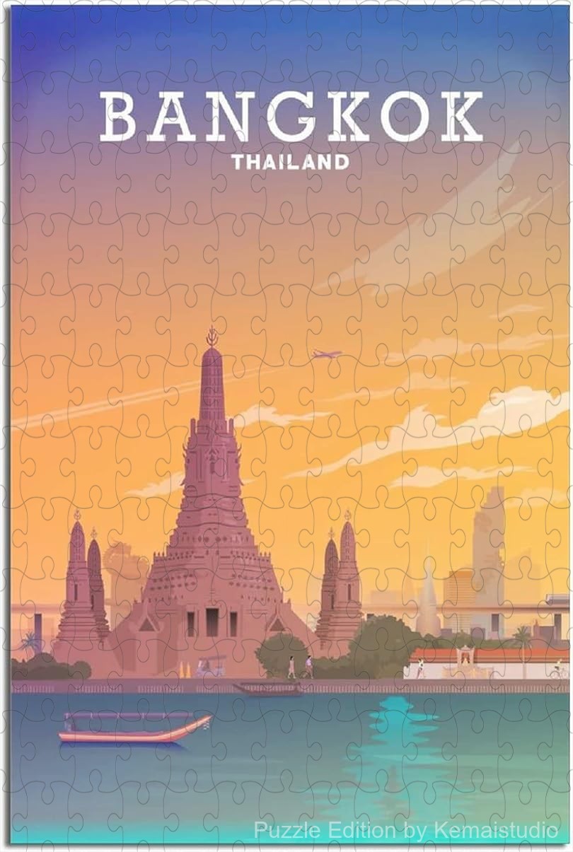 Relax with Bangkok vintage skyline puzzle, featuring exotic cityscape art in a wooden jigsaw for adults