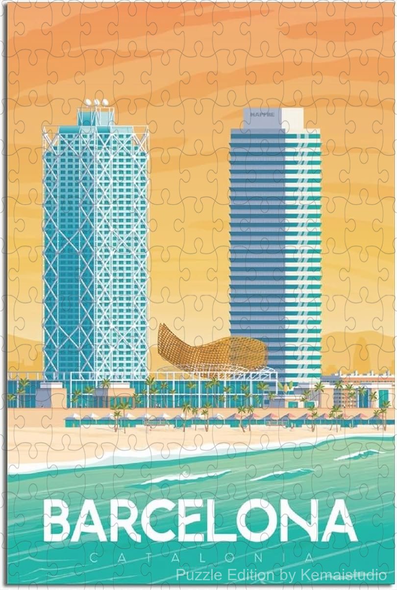 Wooden puzzle featuring a vintage Barcelona city design, showcasing bold architecture