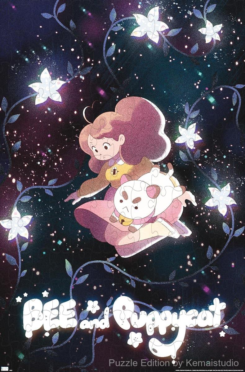 Wooden puzzle featuring Bee and Puppycat in a whimsical space flowers scene, ideal for fans of the series