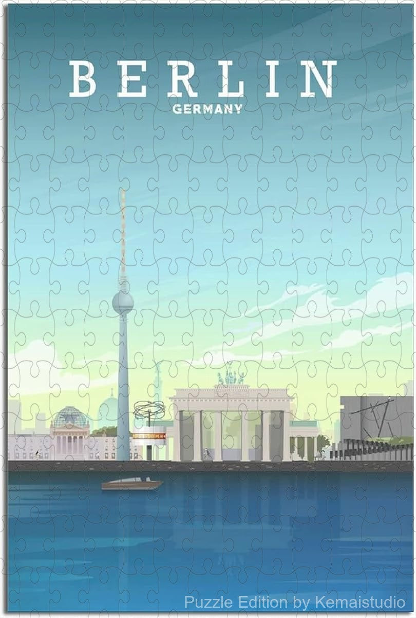 Relax with Berlin vintage skyline puzzle, featuring historic cityscape art in a wooden jigsaw puzzle