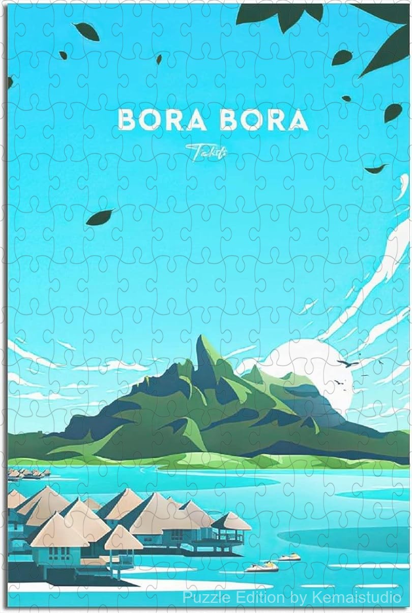 Tropical Bora Bora poster puzzle in retro island travel style