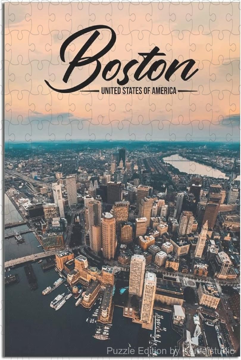 Wooden puzzle featuring a vintage cityscape of Boston, with a warm aesthetic design