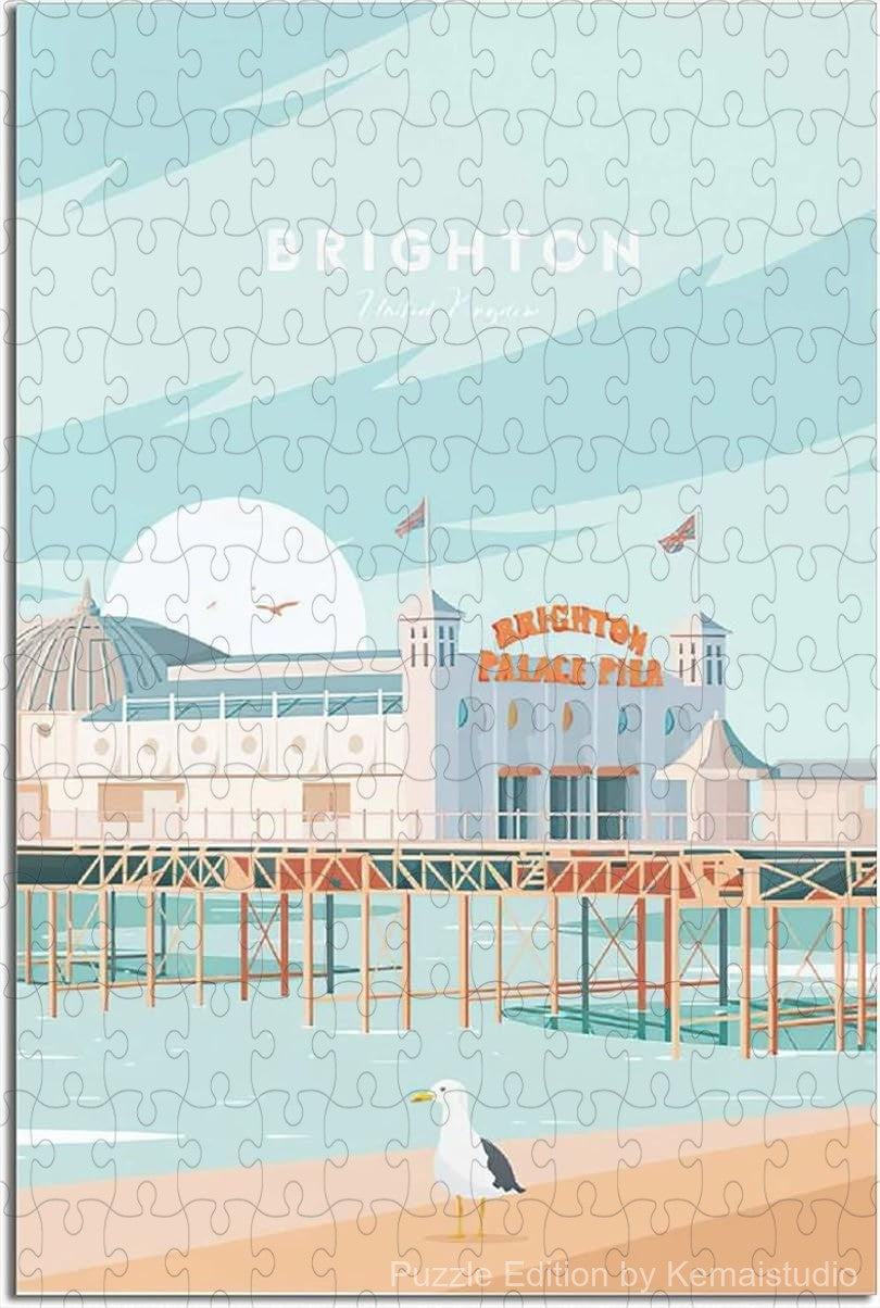 Coastal Brighton city puzzle inspired by vintage travel posters, a fun and relaxing jigsaw puzzle for adults