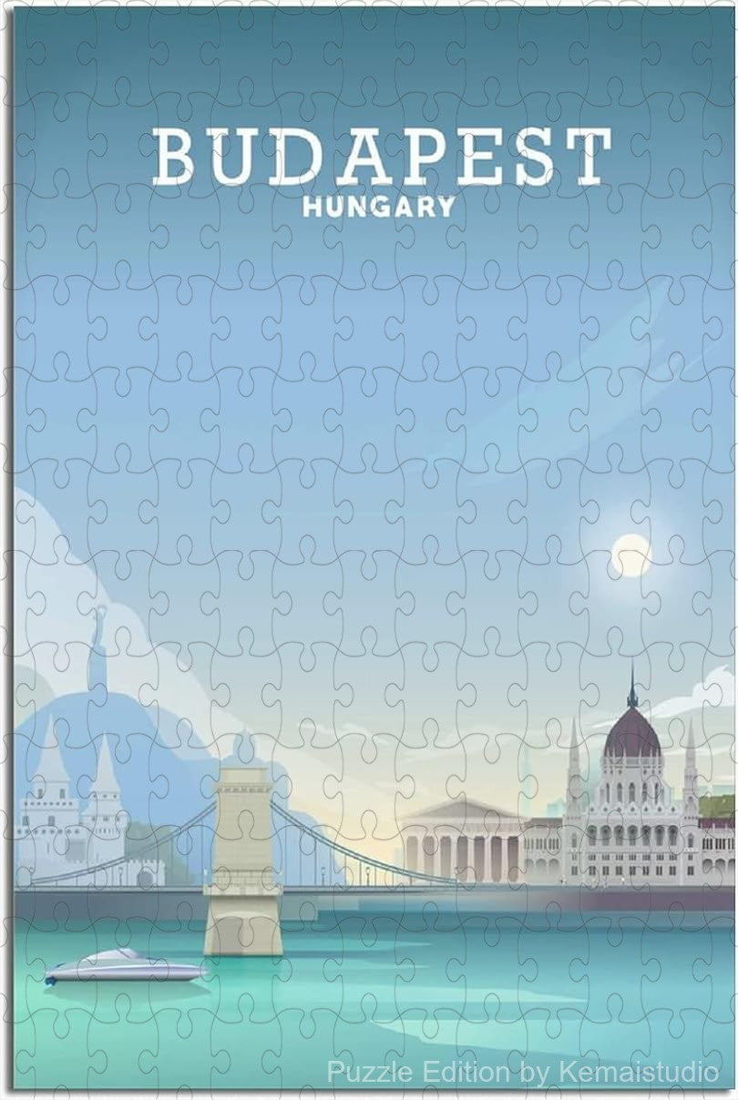 Illustrated Budapest skyline in retro European travel poster style