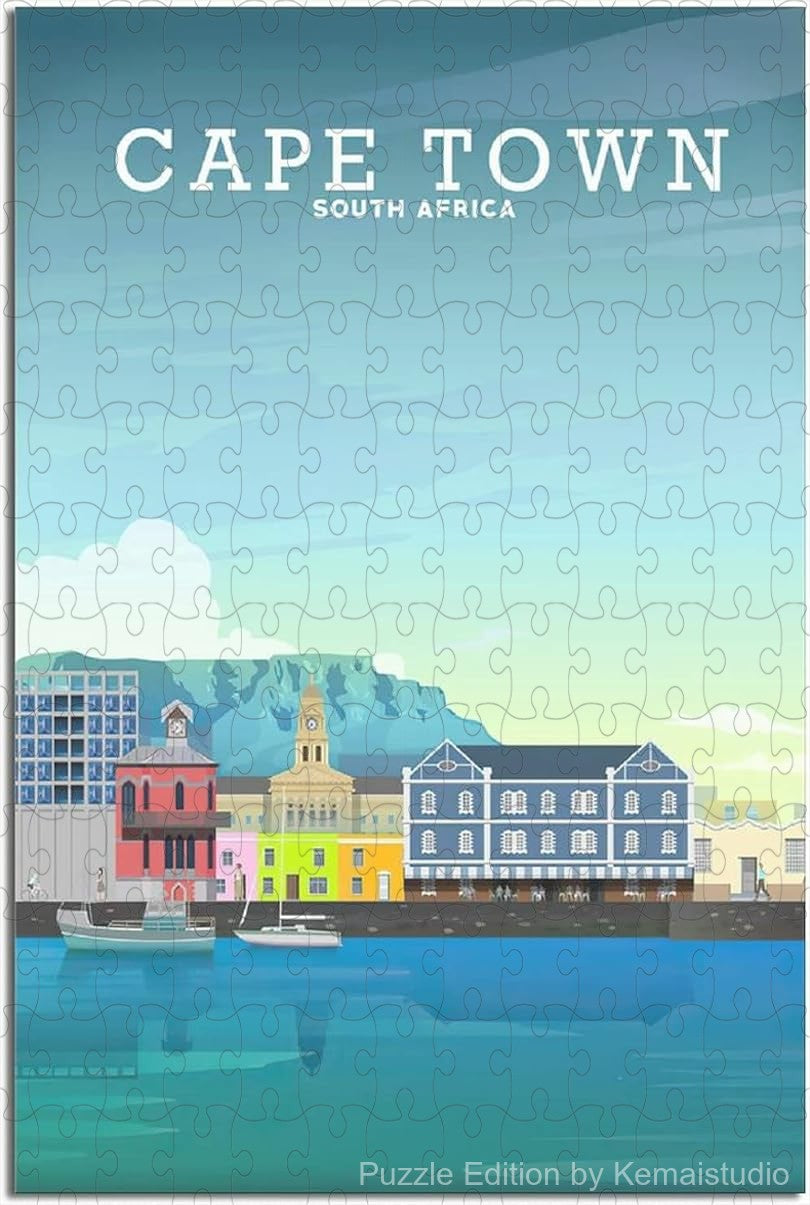 Enjoy Cape Town's scenic skyline with this vintage travel poster puzzle, a relaxing wooden jigsaw for adults