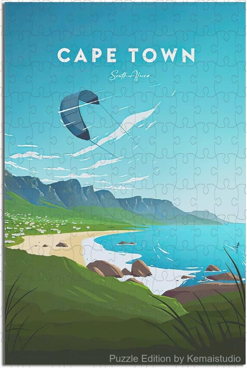 Cape Town travel poster puzzle featuring Table Mountain in vintage style