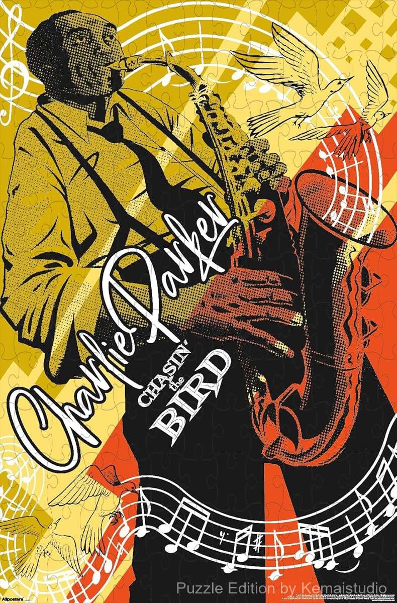 A vibrant puzzle featuring Charlie Parker with music notes motif, ideal for fans of bebop and jazz art