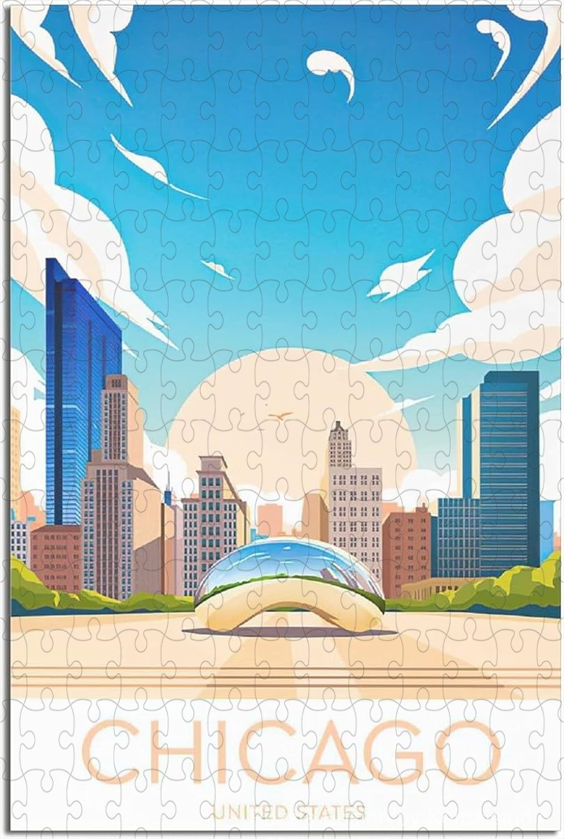 Chicago skyline puzzle in retro urban travel poster style