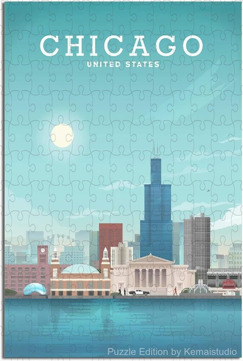 Explore Chicago's skyline with this vintage travel poster puzzle, a relaxing wooden jigsaw for adults