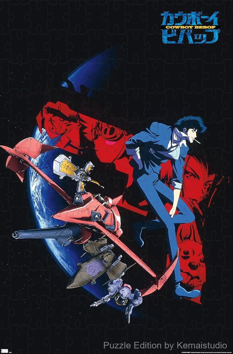 Spike, Jet, Faye and Ed in a noir-style space backdrop from Cowboy Bebop key art