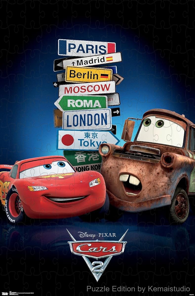 500-piece wooden jigsaw puzzle featuring Lightning McQueen and friends from Cars 2.