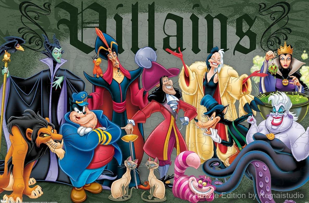 Maleficent, Ursula, and other villains pose in a dramatic lineup