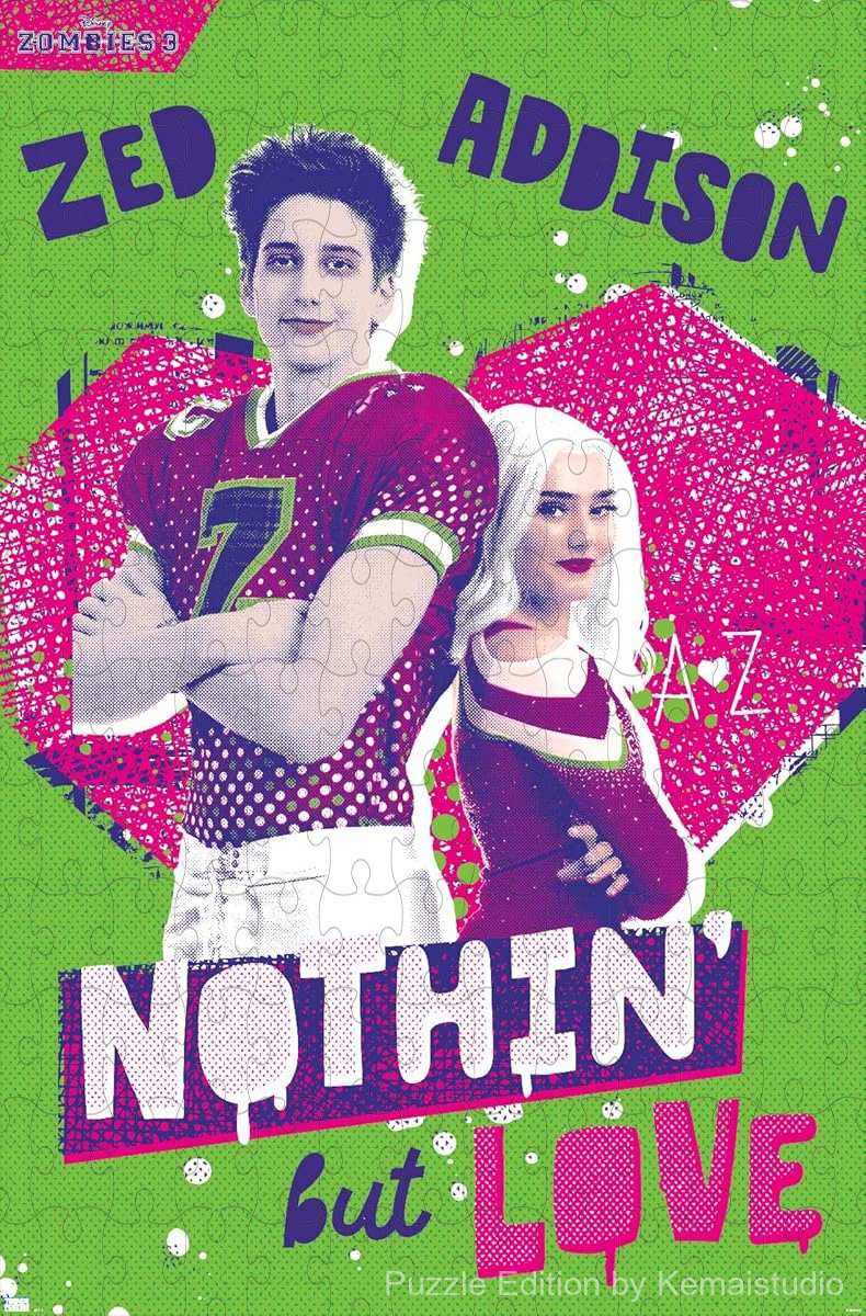 500-piece wooden jigsaw puzzle featuring Zed and Addison from Disney Zombies 3.