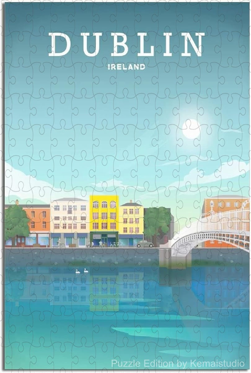 Jigsaw puzzle depicting Dublin's skyline with retro poster-style design
