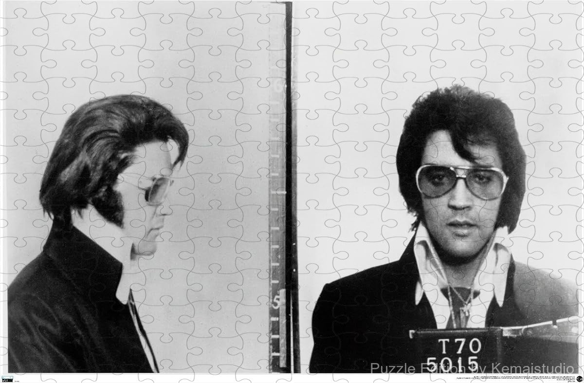 A rare and edgy puzzle featuring Elvis Presley's mugshot image, great for rock history buffs
