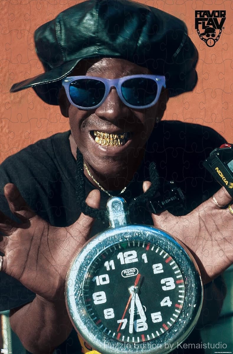 A quirky puzzle of Flavor Flav and his iconic clock necklace, perfect for casual puzzlers