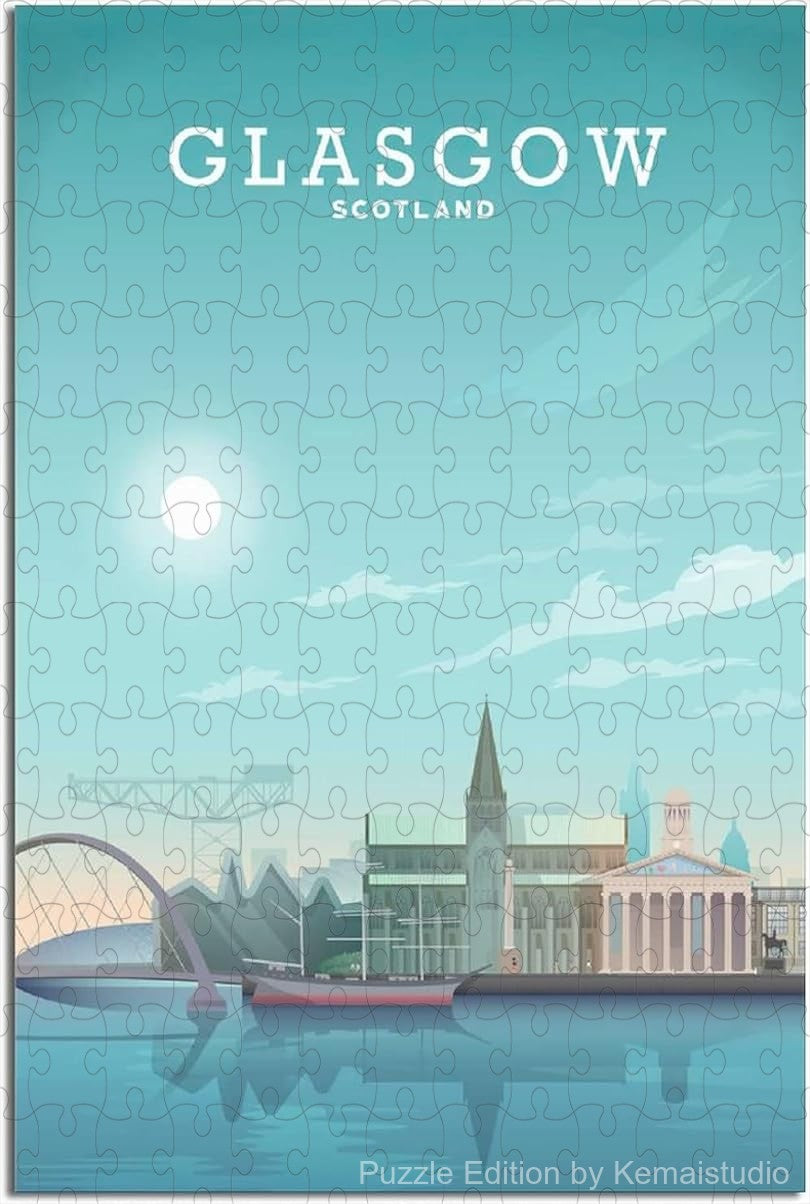 Relax with Glasgow vintage skyline puzzle, a wooden jigsaw puzzle featuring urban Scottish scenes for adults