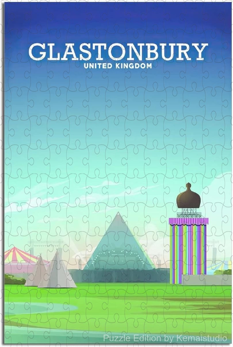 Relax with Glastonbury Festival vintage skyline puzzle, a wooden jigsaw puzzle inspired by iconic music events