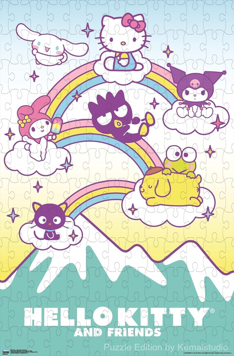 Wooden puzzle featuring Hello Kitty and friends in a glow-in-the-dark design, perfect for fans of Hello Kitty and night lights