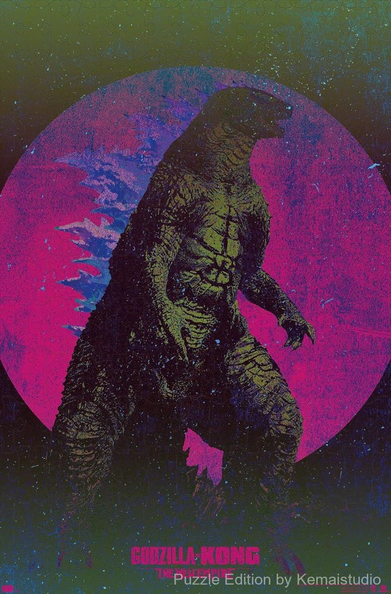 Wooden puzzle featuring Godzilla in a powerful pose, with dramatic visuals