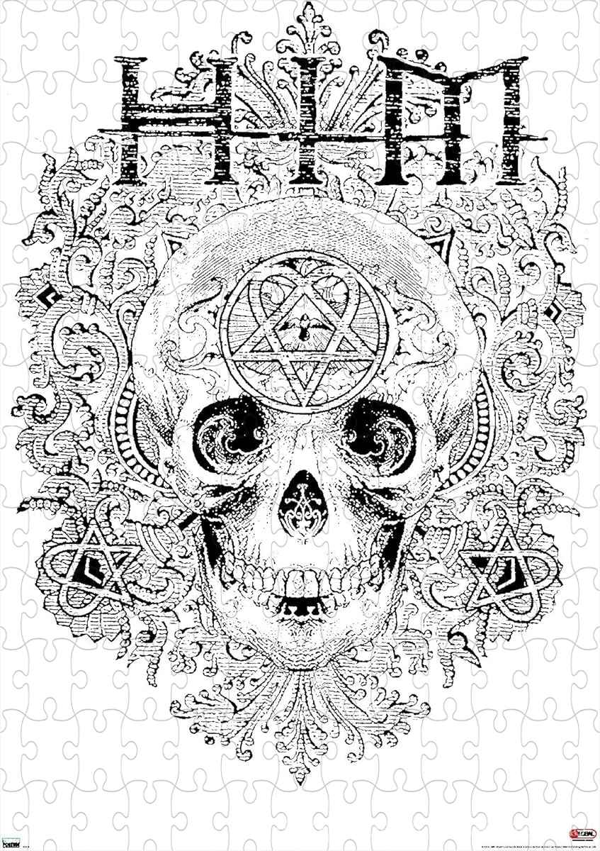 Stylized skull flourish design from HIM captured in intricate puzzle art