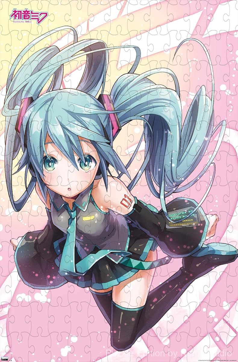 500-piece wooden jigsaw puzzle featuring Hatsune Miku surrounded by pink circles.