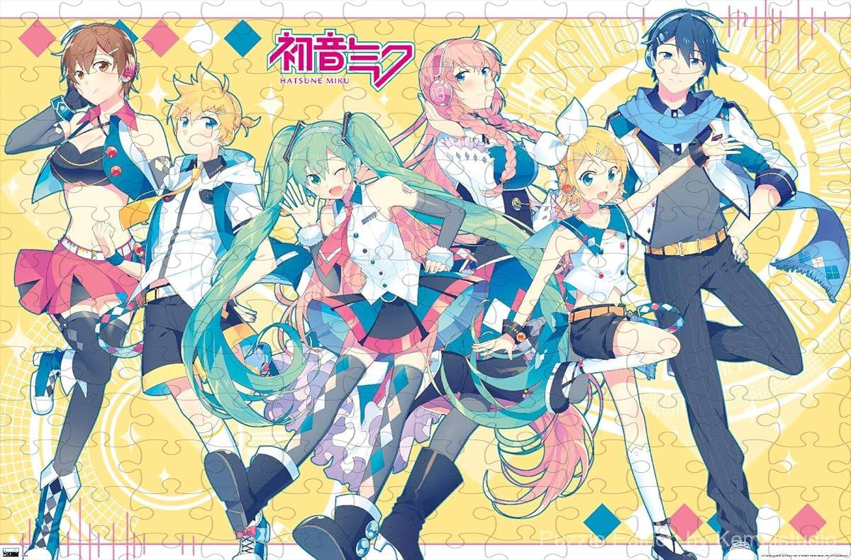 A cheerful group image of Hatsune Miku in a yellow-themed ensemble, full of energy and color