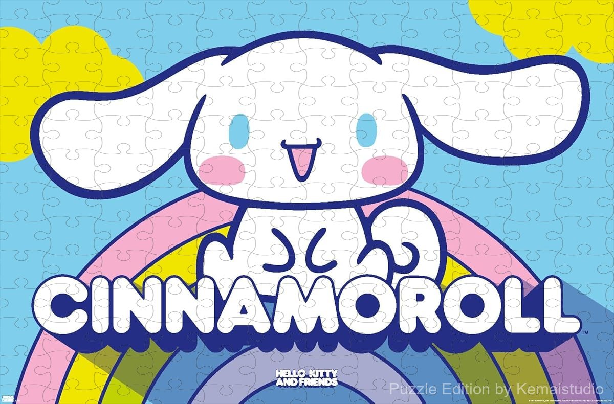 Wooden puzzle featuring Hello Kitty's Cinnamon dog in a rainbow-themed design, great for Hello Kitty fans