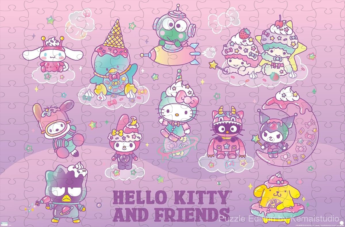 Wooden puzzle featuring Hello Kitty and friends in a dreamy, magical group scene