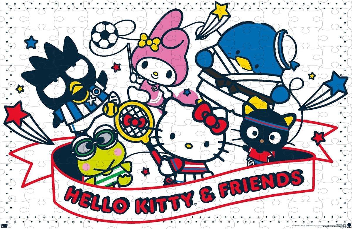 Wooden puzzle featuring Hello Kitty and friends in various sports activities, promoting teamwork