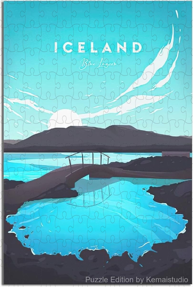 Explore Iceland's beauty with this vintage travel poster puzzle, a relaxing wooden jigsaw for adults and home