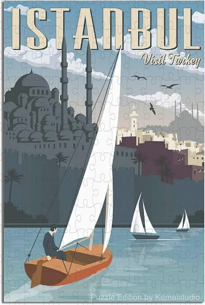 Istanbul waterfront puzzle featuring vintage sailboat and poster art