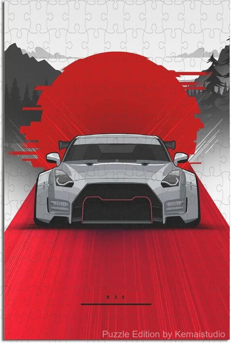 Jigsaw puzzle of Nissan R35 car in Japanese street poster art style