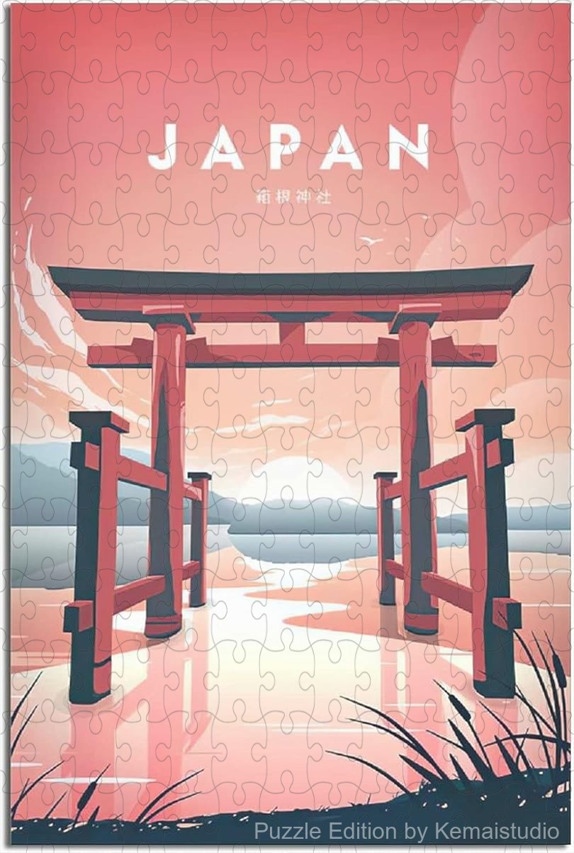 Japan cultural city poster puzzle with temples and landscapes in retro style