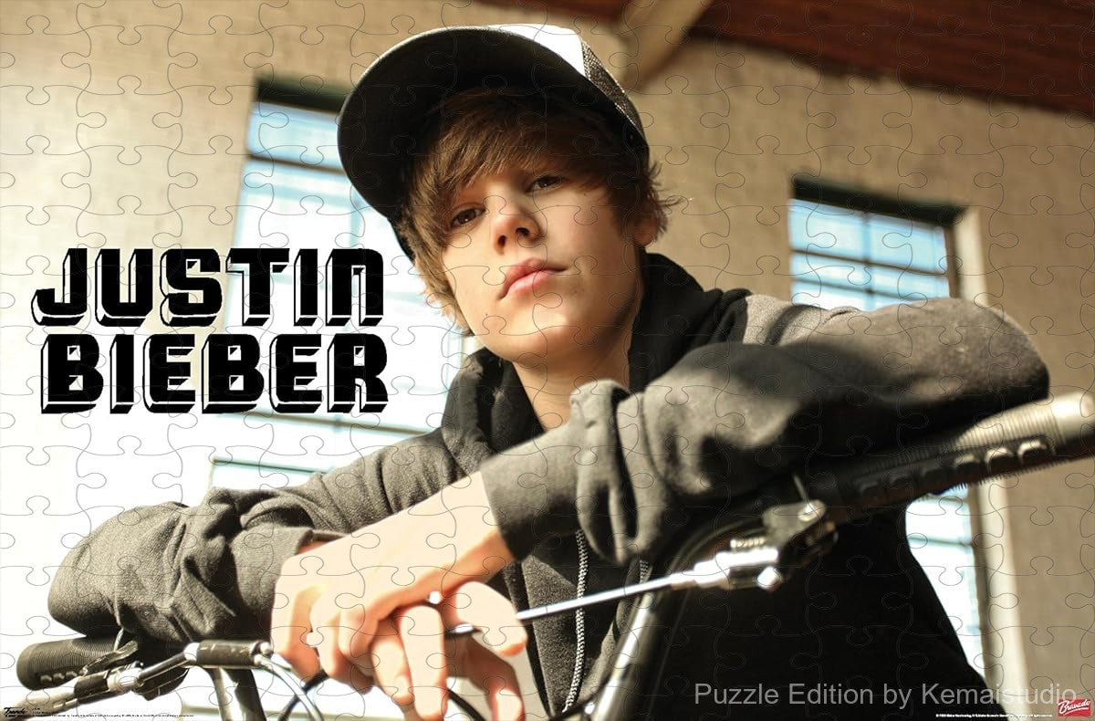 A stylish street-themed puzzle showing Justin Bieber on a bike, perfect for music room decor
