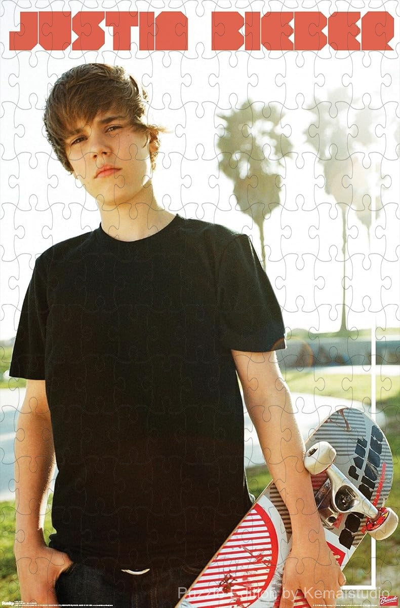 A cool street-style puzzle featuring Justin Bieber on a skateboard, great for youth fans