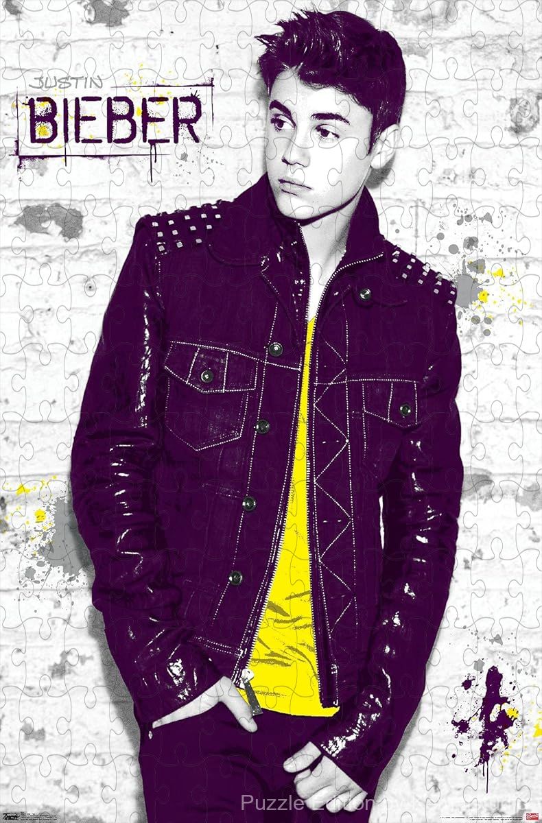 A stylish wall-themed puzzle featuring Justin Bieber in an urban setting, great for decor and fans