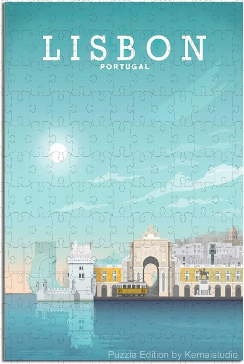Enjoy Lisbon's historic skyline with this vintage travel poster puzzle, a relaxing wooden jigsaw for adults