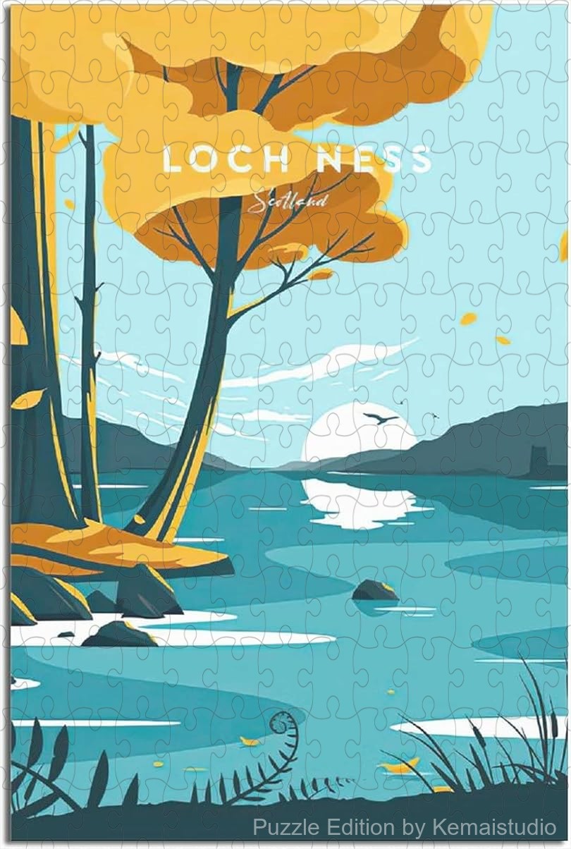Loch Ness inspired vintage travel poster puzzle, a relaxing and fun wooden jigsaw puzzle for adults and home
