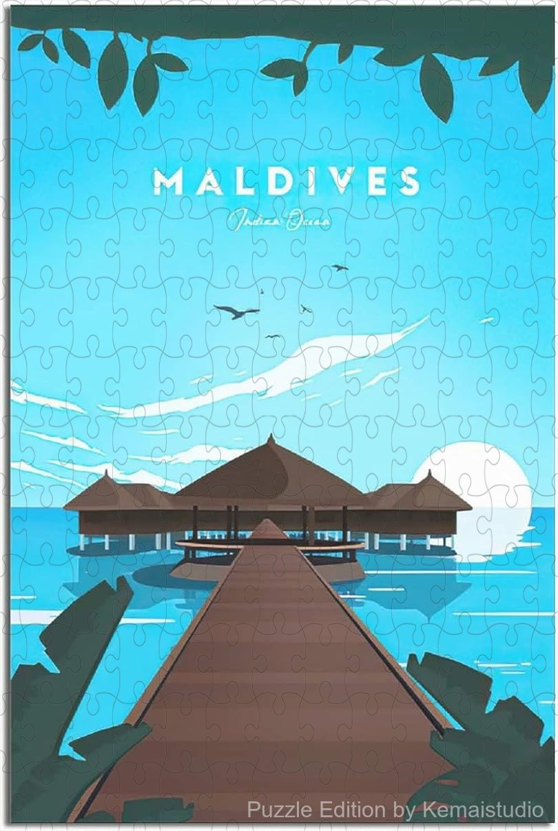 Tropical Maldives poster puzzle in vintage beach travel art