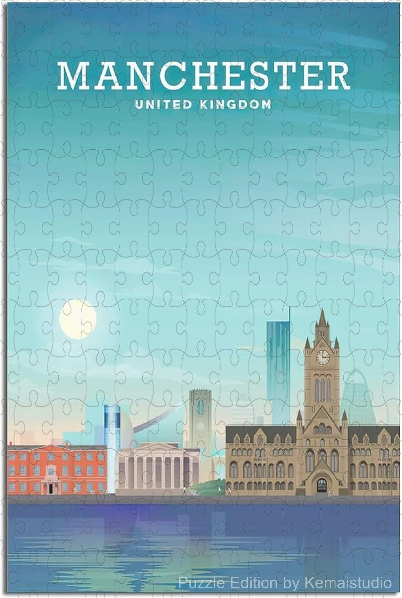 Discover Manchester's cityscape with this vintage travel poster puzzle, a relaxing wooden jigsaw for adults