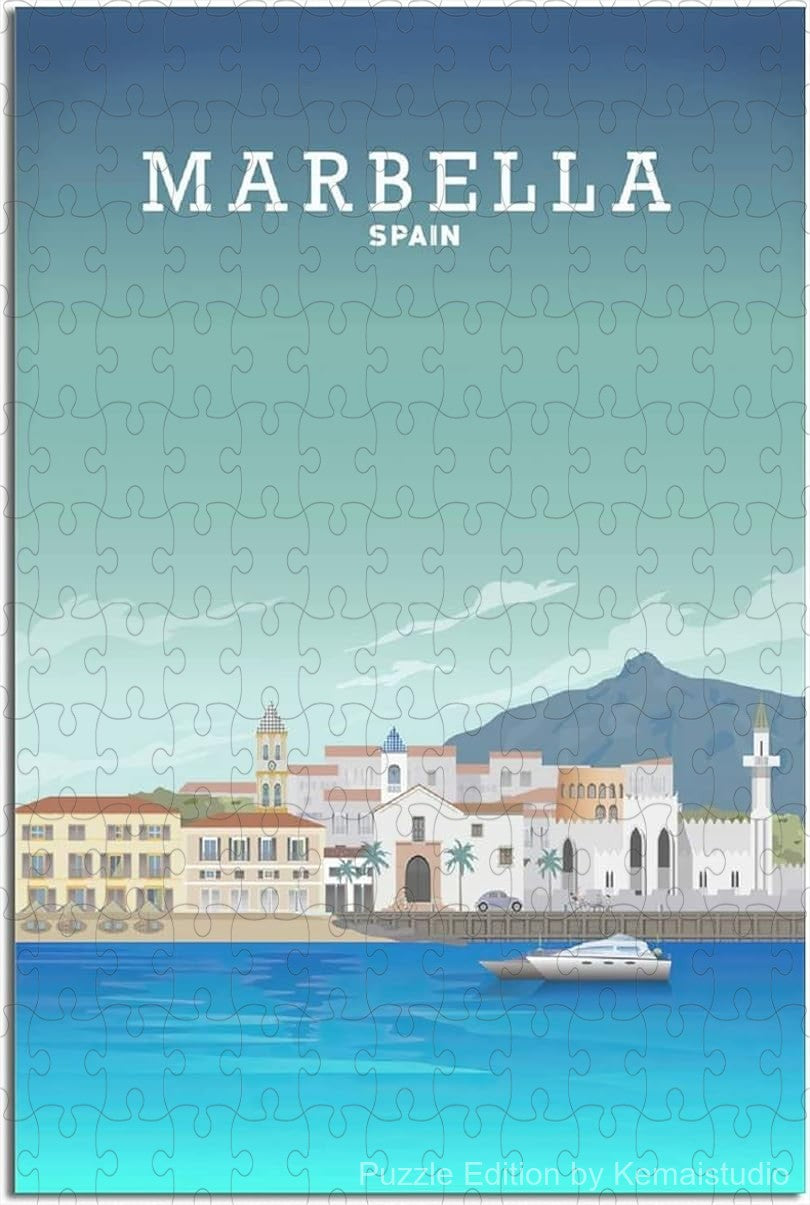 Enjoy Marbella's vintage skyline puzzle, a relaxing wooden jigsaw puzzle perfect for adults and home decor