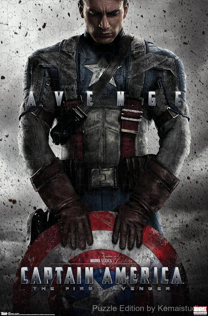 A powerful illustration of Captain America from The First Avenger, standing boldly with his shield