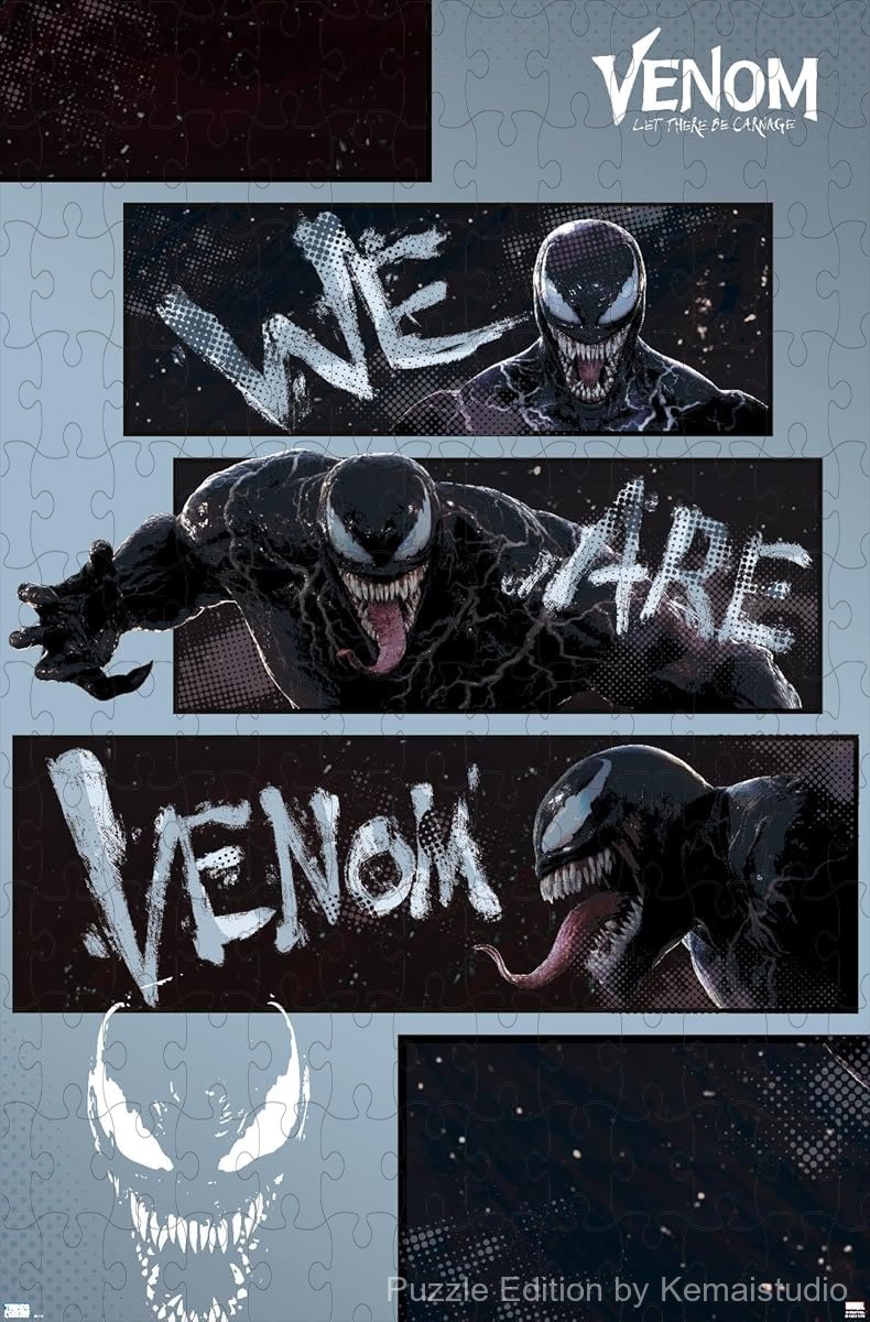 500-piece wooden jigsaw puzzle featuring the We Are Venom scene from Let There be Carnage.